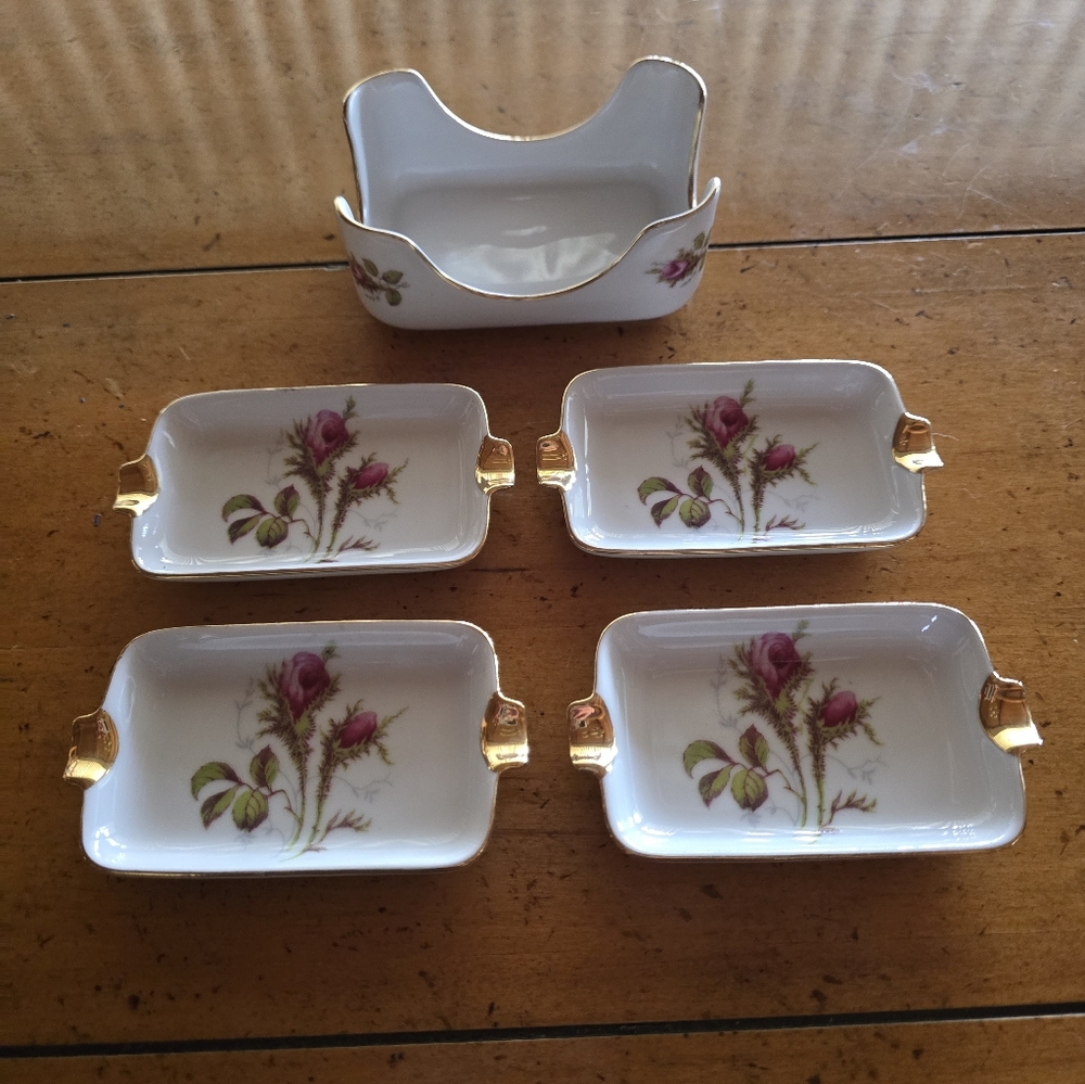 Vintage 1960 Escenbach Bavaria Germany "Moss Rose" Ash Tray Set